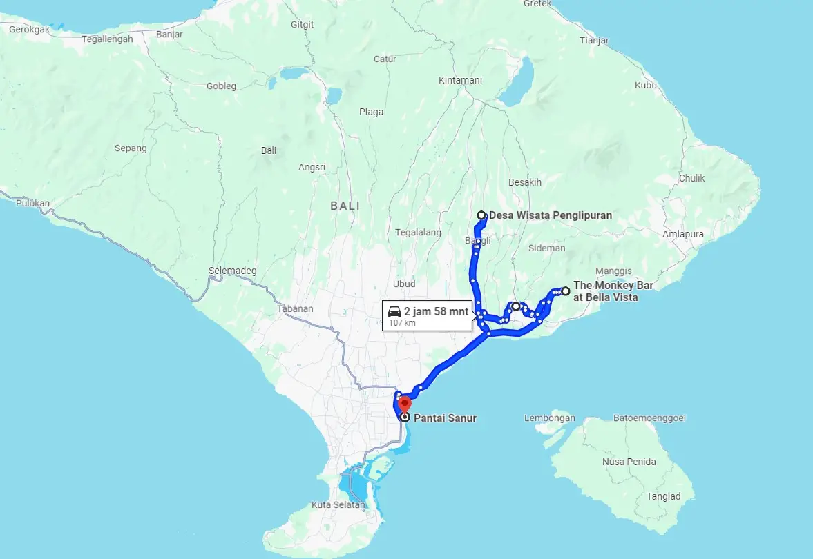 Dél-Kelet Bali program napi menetrend térkép